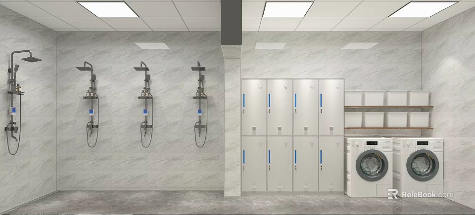 Modern Public Restroom Interior with Shower Heads Lockers and Washing Machine 3d model 