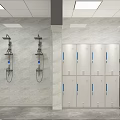 Modern Public Restroom Interior with Shower Heads Lockers and Washing Machine