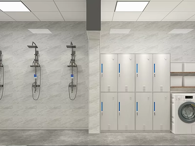 Modern Public Restroom Interior with Shower Heads Lockers and Washing Machine 3d model