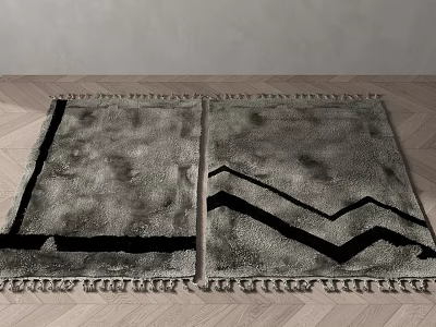 Grey Square Rug With Black Zigzag Lines And Tassel Edges On Wooden Floor 3d model