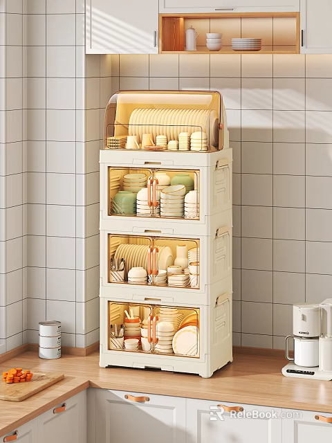 Modern Beige Multi Layer Cabinet Storing Dishes Bowls And Cups Against White Tiled Kitchen Wall 3d model 
