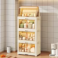 Modern Beige Multi Layer Cabinet Storing Dishes Bowls And Cups Against White Tiled Kitchen Wall