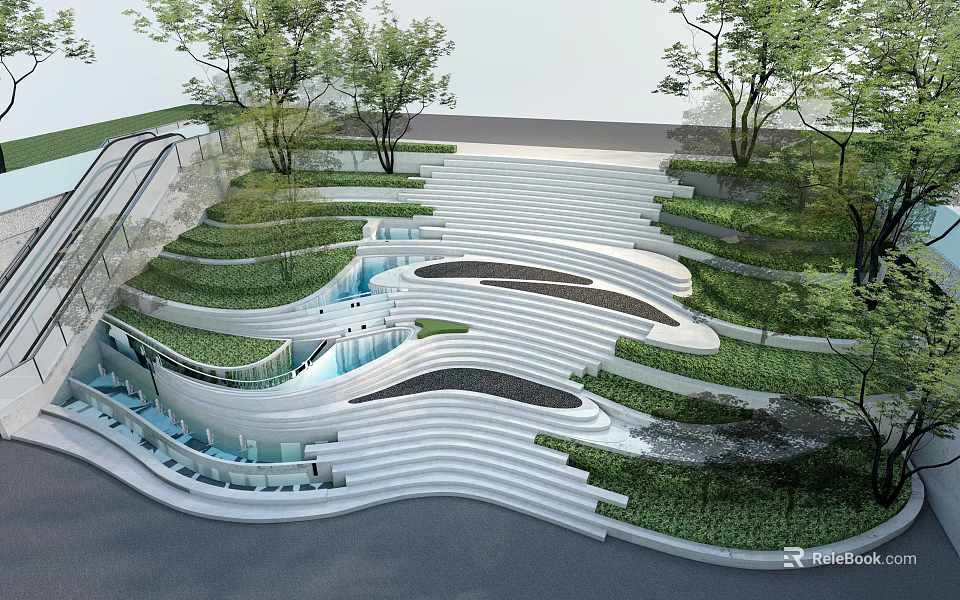 Contemporary Park Landscape With Terraced Steps Lush Greenery And Water Features 3d model 