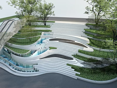 Contemporary Park Landscape With Terraced Steps Lush Greenery And Water Features 3d model