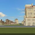 Modern Residential Buildings With Clock Tower Red Roof Waterfront Green Lawn And Stone Railings