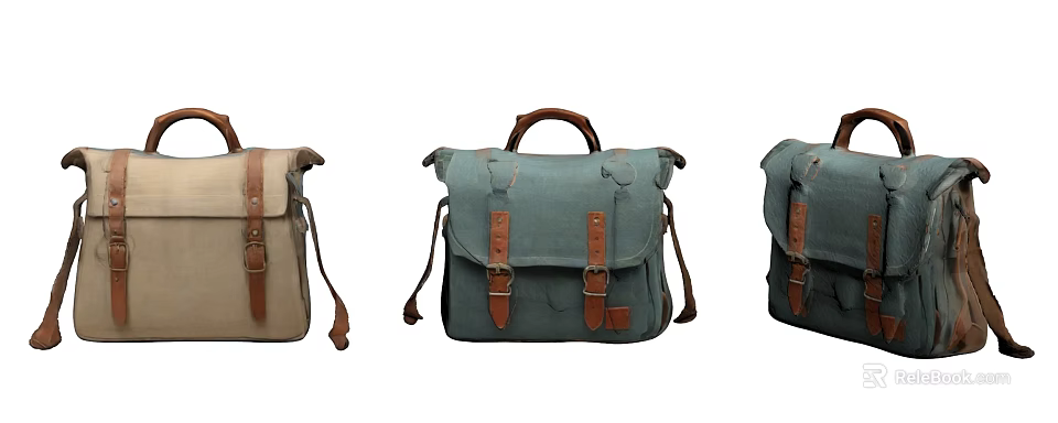 Vintage Canvas Messenger Bags In Multiple Colors With Leather Straps And Buckles 3d model 