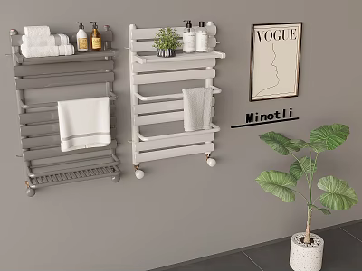 Modern Grey and White Rolling Shelving Unit with Towels Bathroom Essentials and Small Plant 3d model