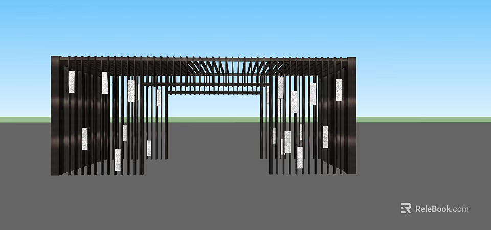 Modern Outdoor Pergola With Black Frame Vertical Slats And White Decorative Panels 3d model 
