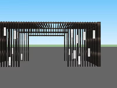 Modern Outdoor Pergola With Black Frame Vertical Slats And White Decorative Panels 3d model