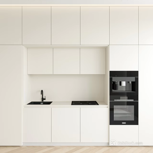 Modern White Kitchen Cabinets With Sleek Countertop Built In Sink And Appliances 3d model 