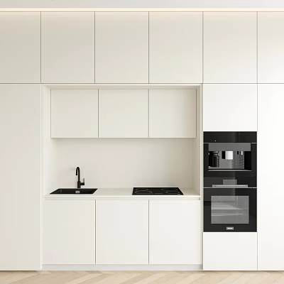 Modern White Kitchen Cabinets With Sleek Countertop Built In Sink And Appliances 3d model