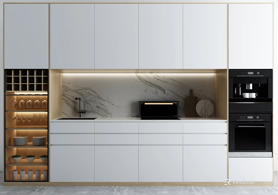 Modern Kitchen Interior Featuring White Cabinets Marble Countertop And Built In Appliances 3d model 