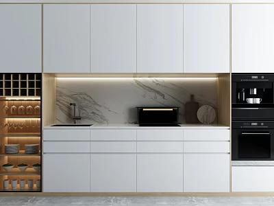 Modern Kitchen Interior Featuring White Cabinets Marble Countertop And Built In Appliances 3d model