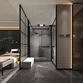 Modern Hotel Room Interior With Dark Green Walls Large Bed Wooden Flooring And Bedside Lamps