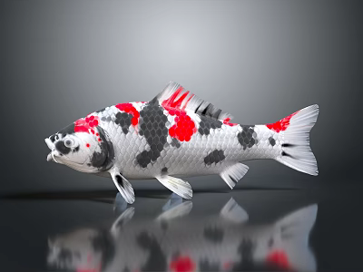 Vibrant White Red And Black Koi Fish With Glossy Scales On Reflective Surface 3d model