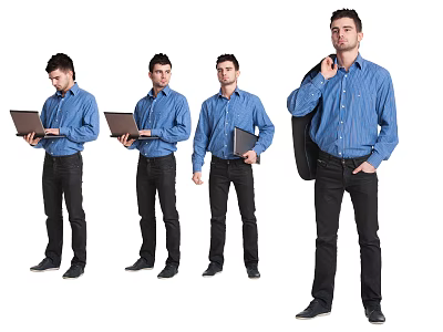 Men In Blue Shirts Black Pants With Different Poses Holding Laptop Carrying Folder And Guitar 3d model