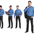 Men In Blue Shirts Black Pants With Different Poses Holding Laptop Carrying Folder And Guitar 3d model