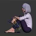Purple Haired Female Character Sitting Barefoot Holding Large Gun With Scattered Bullets
