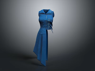 Blue Sleeveless Dress Sculpture Carving With Asymmetrical Hem And Waist Decorative Buttons 3d model