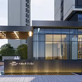 Modern Commercial Landscape With Glass Building Green Lawn Trees And Water Feature