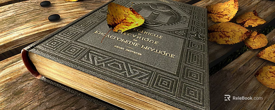 Antique Book With Ornate Geometric Pattern Cover And Yellow Leaf On Old Pages 3d model 