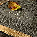 Antique Book With Ornate Geometric Pattern Cover And Yellow Leaf On Old Pages