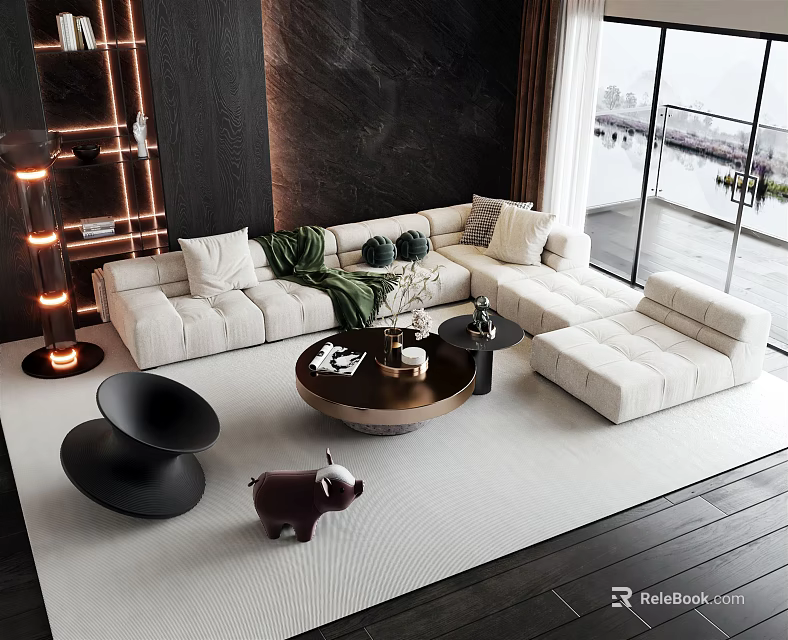 Modern Beige L Shaped Sofa Coffee Table Set With Round Table Black Chairs And Window View 3d model 