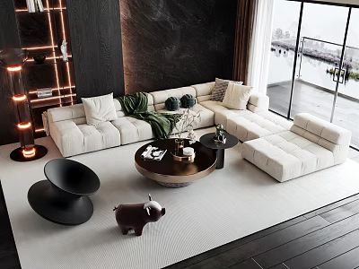Modern Beige L Shaped Sofa Coffee Table Set With Round Table Black Chairs And Window View 3d model