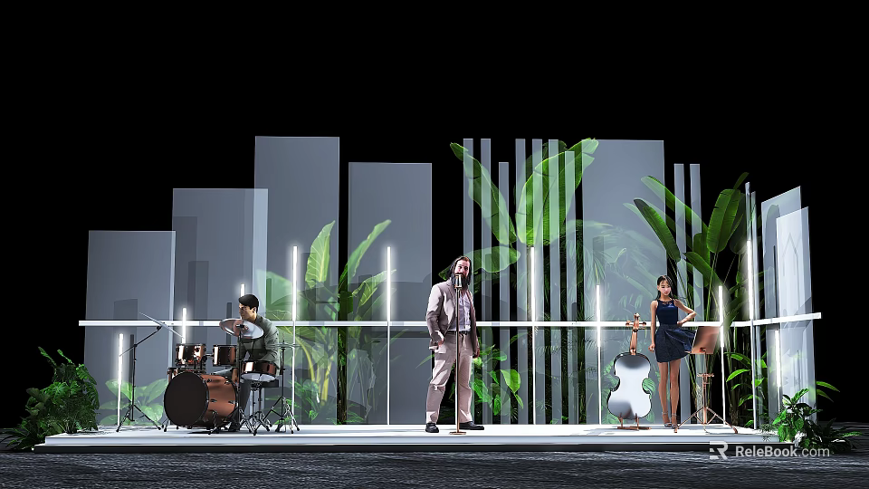 Elegant Floral Installation With Green Plants And Lighting For Stage Scene 3d model 