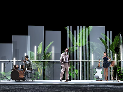 Elegant Floral Installation With Green Plants And Lighting For Stage Scene 3d model