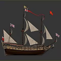 Vintage Sailing Ship With Multiple White Sails Colorful Flags Wooden Hull And Calm Water Reflection