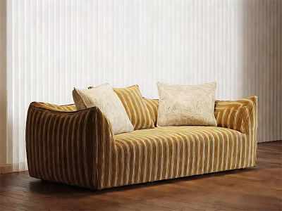 Velvet Upholstered Two-Seater Striped Sofa With Decorative Pillows Against Textured Wall And Wooden Floor 3d model