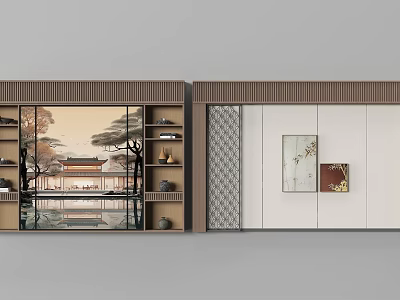 Modern Luxury Background Wall With Chinese Elements Decorative Paintings Bookshelves And Storage Cabinets 3d model