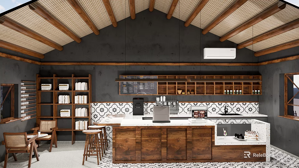 Rustic Wooden Bar Counter With Black Wall Patterned Tile Backsplash Bookshelves And Stools 3d model 