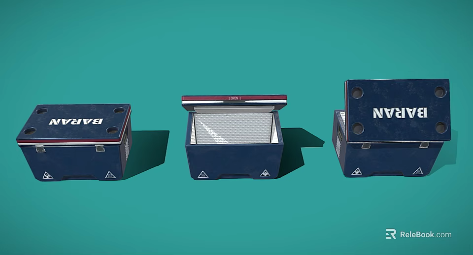 Three Blue Storage Boxes Showing Closed Half Open And Angled States On Teal Background 3d model 