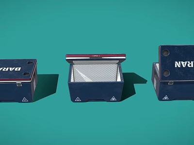 Three Blue Storage Boxes Showing Closed Half Open And Angled States On Teal Background 3d model