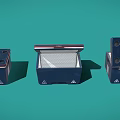 Three Blue Storage Boxes Showing Closed Half Open And Angled States On Teal Background