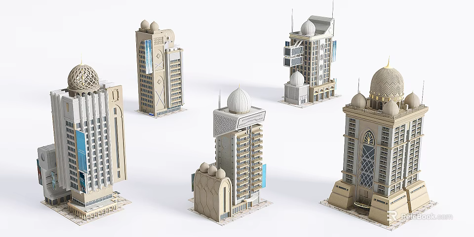 Modern Islamic Style Office Buildings With Multiple Domes And Window Designs 3d model