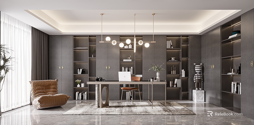Modern Study Room Interior Design With Dark Bookshelves Long Desk And Round Pendant Lights 3d model 