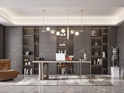 Modern Study Room Interior Design With Dark Bookshelves Long Desk And Round Pendant Lights 3d model