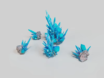 Blue Crystal Clusters With Gray Stone Bases In Various Sizes For Home Decor 3d model
