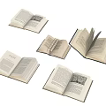 Open Books With Various Spread Pages And Text Content On White Background 3d model