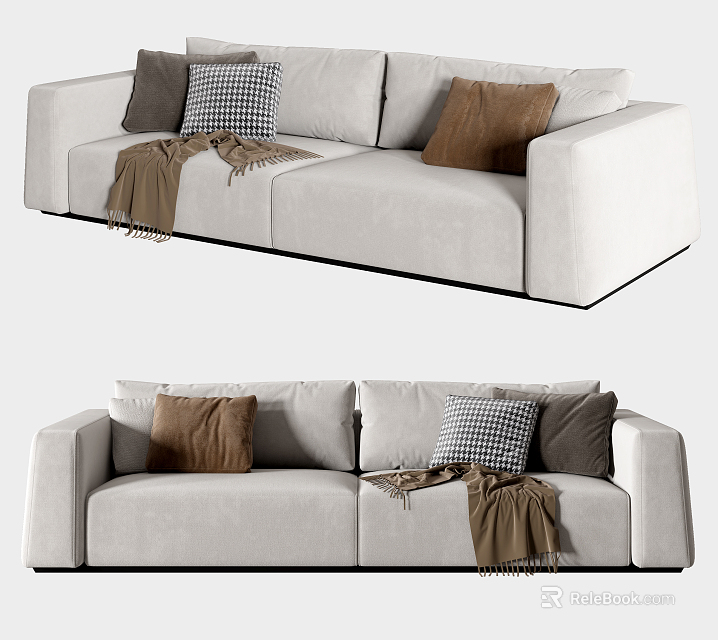 Modern Light Beige Fabric Two Seater Sofa With Brown Checkered Pillows And Throw Blanket 3d model 