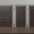 Three Dark Wooden Security Doors With Handles And Locks In Indoor Setting