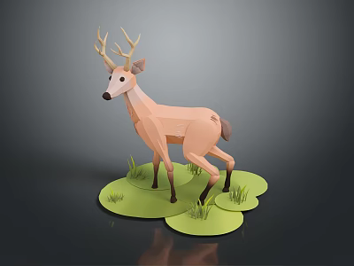 Low Poly Deer Standing On Green Grass With Simple Gray Background 3d model