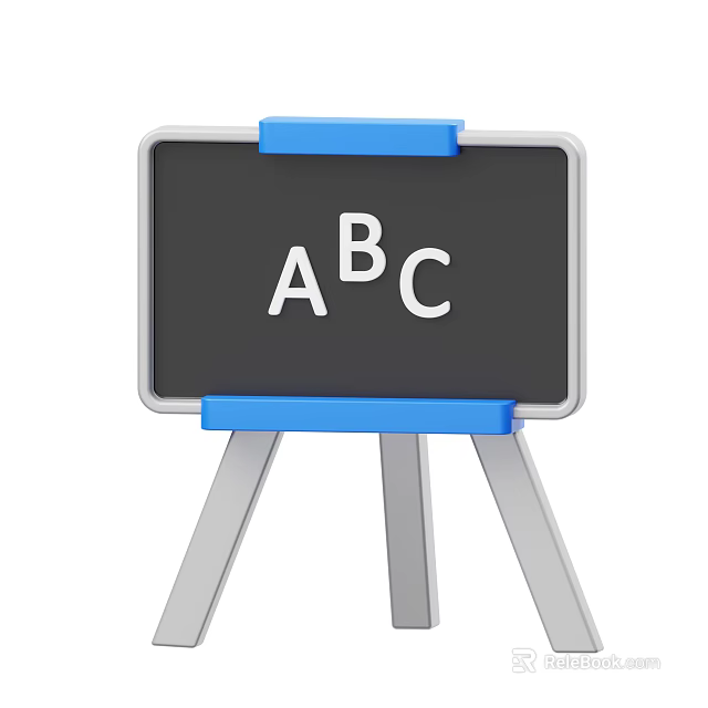 Blackboard Easel with White ABC Letters Blue Clips and Silver Stand 3d model 