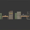 Vintage Office Desk Setup With Wooden Bookshelf Filing Cabinet And Stacked Books