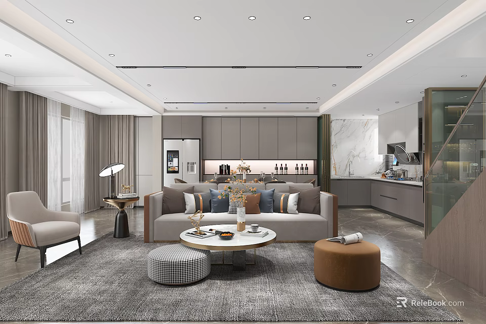 Modern Duplex Living Room Interior With Sofa Coffee Table Neutral Rug And Staircase 3d model