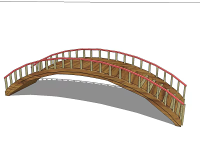 Outdoor Playground Equipment Wooden Arched Bridge With Red Railings For Kids 3d model