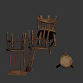 Fallen Wooden Chairs With Damaged Structure And Broken Parts On White Background